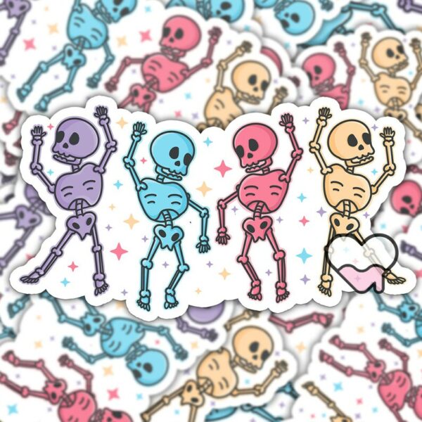 A graphic of Pastel Skeleton Dance Party Sticker available on HeckinMagical.com