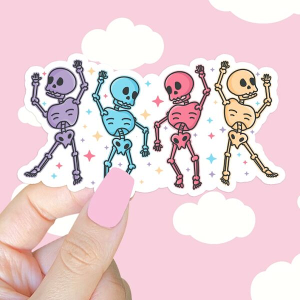 A graphic of Pastel Skeleton Dance Party Sticker available on HeckinMagical.com