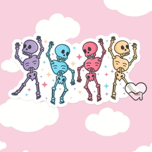 A graphic of Pastel Skeleton Dance Party Sticker available on HeckinMagical.com