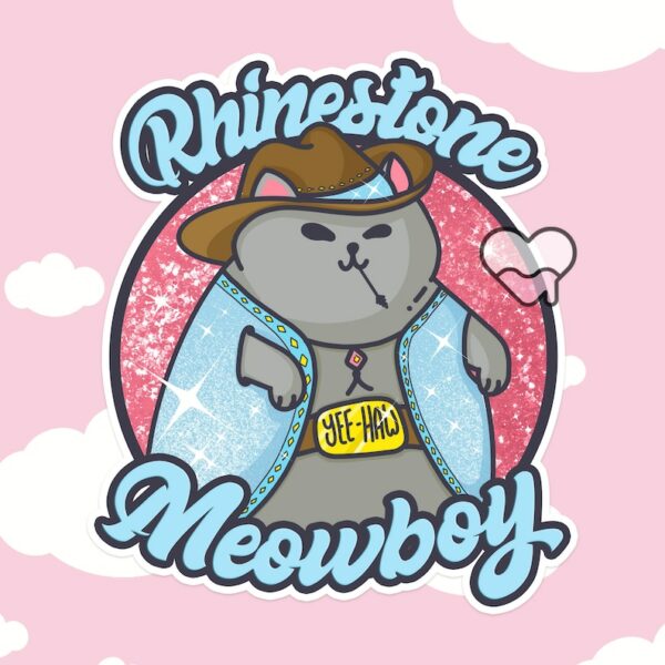 A graphic of Rhinestone Meowboy Sticker available on HeckinMagical.com