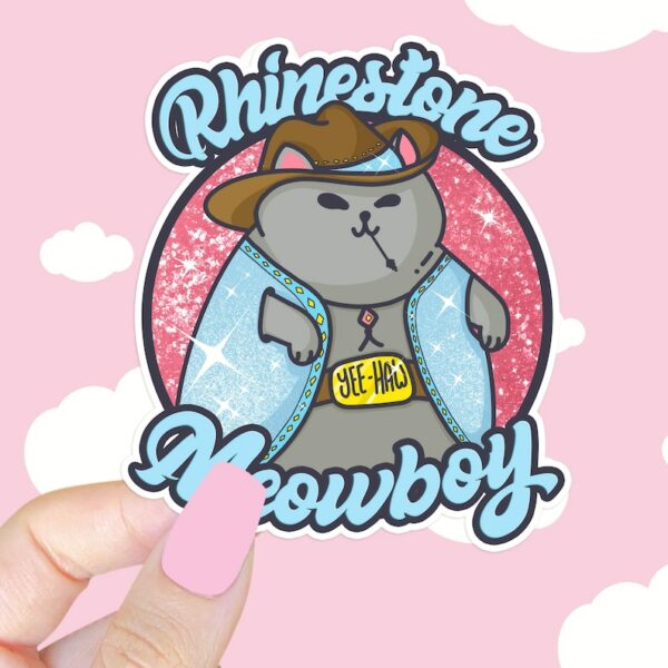 A graphic of Rhinestone Meowboy Sticker available on HeckinMagical.com