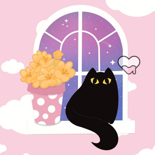 A graphic of Sweet Black Kitty Galaxy Window Sticker available on HeckinMagical.com