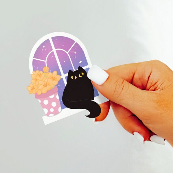 A graphic of Sweet Black Kitty Galaxy Window Sticker available on HeckinMagical.com