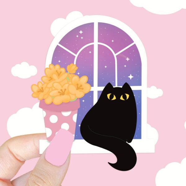 A graphic of Sweet Black Kitty Galaxy Window Sticker available on HeckinMagical.com