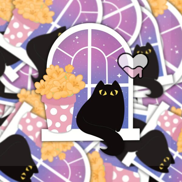 A graphic of Sweet Black Kitty Galaxy Window Sticker available on HeckinMagical.com